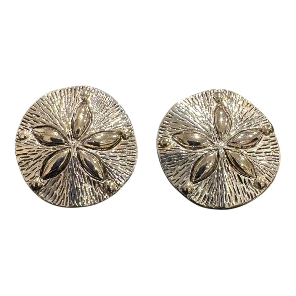 Vintage MJ Signed Silver Metal Sand Dollar 1980's Jewelry Earrings JB8 - Picture 2 of 4